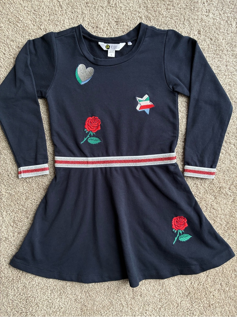 Girls Navy Knit Dress with Red Rose Embroidery